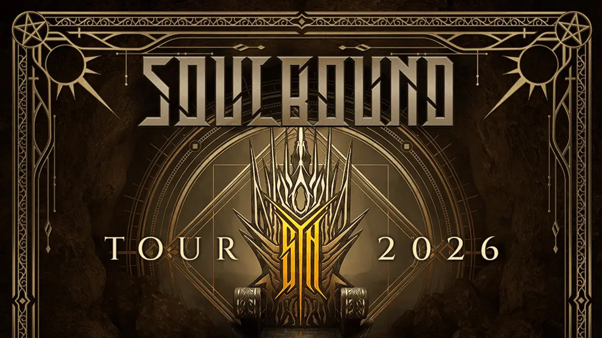 Dunkle, gold‑schwarze Tourgrafik mit ornamentalem Rahmen, dem Schriftzug SOULBOUND oben, einem stilisierten goldenen Emblem in der Mitte und dem Text Tour 2026