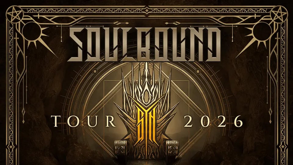 Dunkle, gold‑schwarze Tourgrafik mit ornamentalem Rahmen, dem Schriftzug SOULBOUND oben, einem stilisierten goldenen Emblem in der Mitte und dem Text Tour 2026