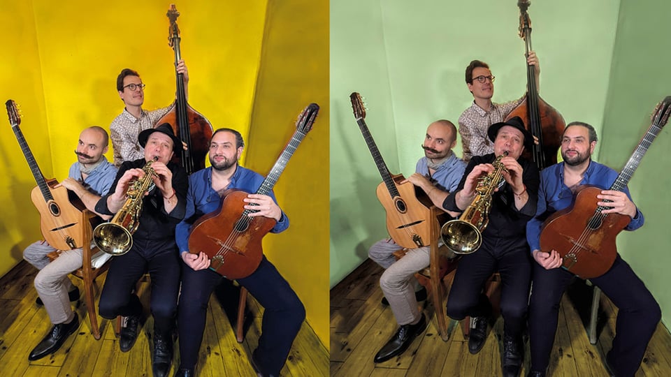 Collage von fünf Personen mit Kontrabass, Saxofon, Gitarre und Cello sitzen dicht beieinander; das Bild ist nebeneinander vor gelbem und grünem Hintergrund dargestellt.
