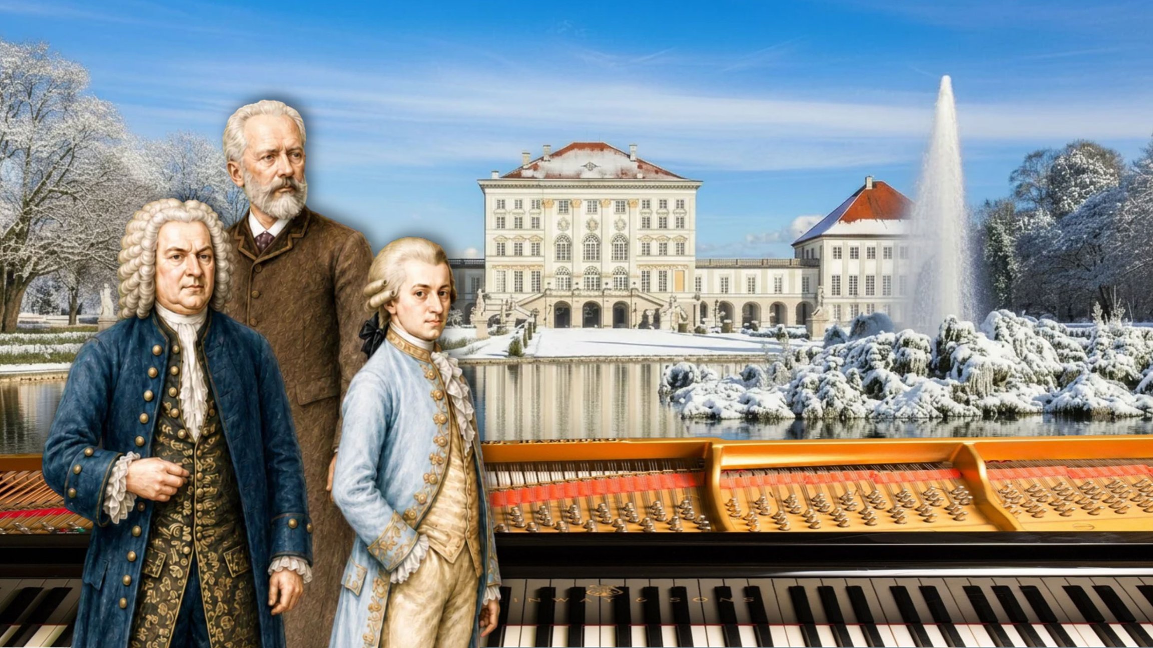 Illustration von Johann Sebastian Bach, Wolfgang Amadeus Mozart und Pjotr Tschaikowski vor Schloss Nymphenburg mit Klaviertastatur im Vordergrund.