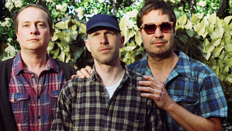 Drei Männer in karierten Hemden stehen vor einer Hecke