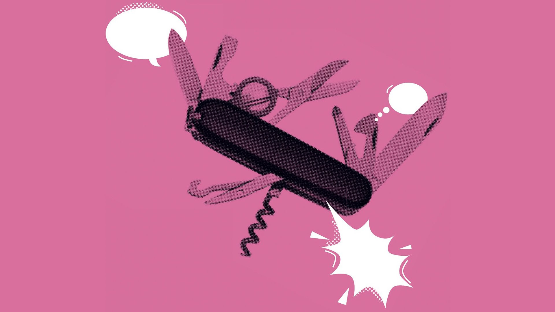 Ein Taschenmesser mit aufgeklapptem Werkzeug sowie weißen Sprechblasen auf rosa Hintergrund