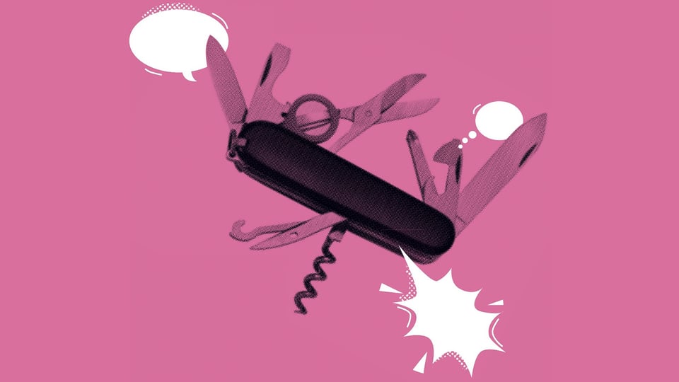 Ein Taschenmesser mit aufgeklapptem Werkzeug sowie weißen Sprechblasen auf rosa Hintergrund