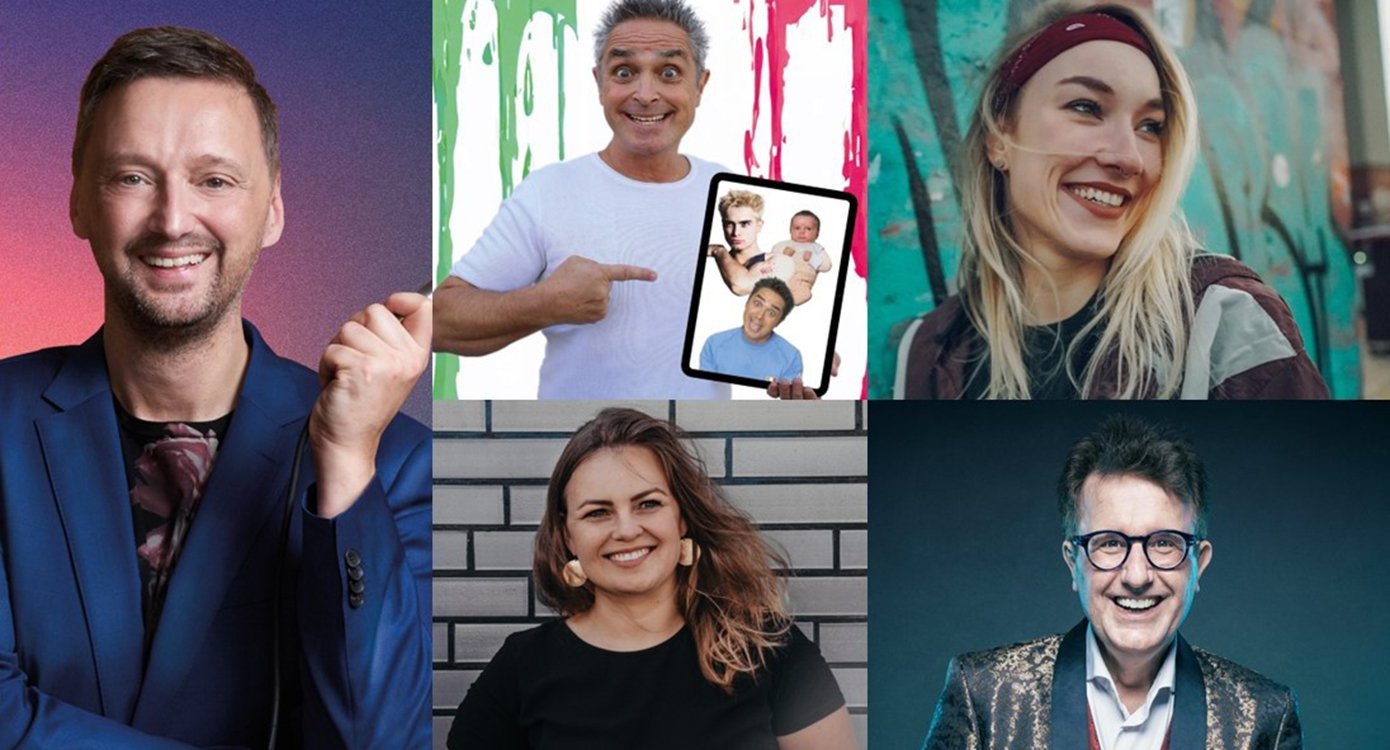 Eine Collage mit Fotos der Künstler, mit farbigen Hintergründen und verschiedenen Texturen.