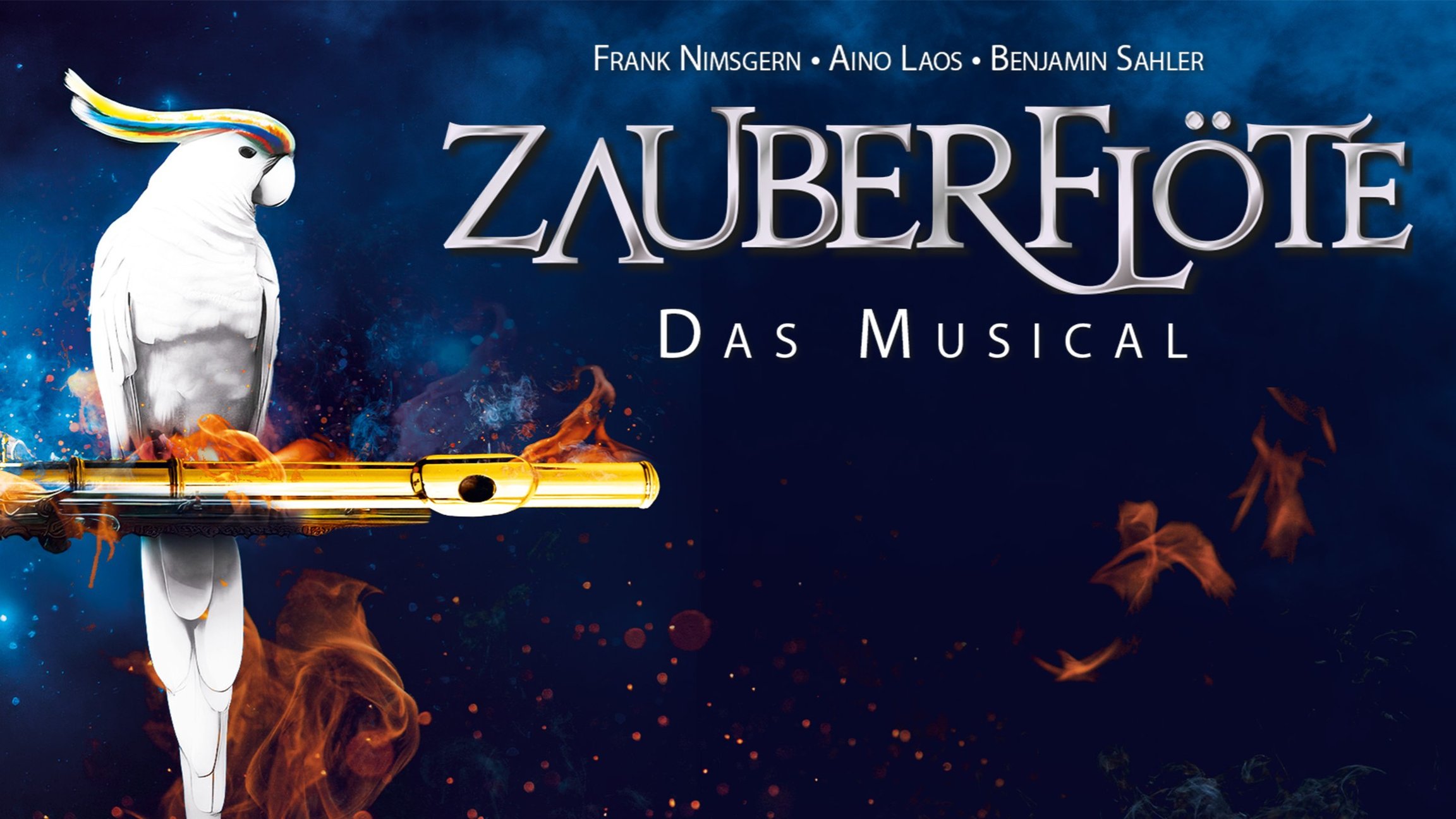 Grafik mit dunkelblauem Hintergrund und Aufschrift in weiß sowie Bild eines weißen Vogels auf einem Kolben sitzend