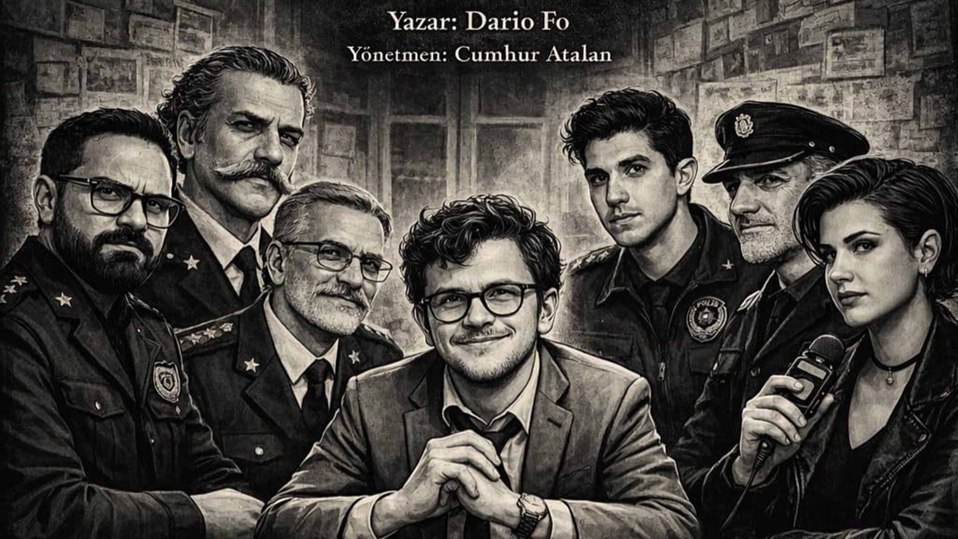 Bildmotiv zur Theaterproduktion „Der Tod eines Anarchisten“ von Dario Fo: Inszeniertes Gruppenporträt von sieben Darstellenden vor dunklem Hintergrund in formeller Kleidung und Uniformen.