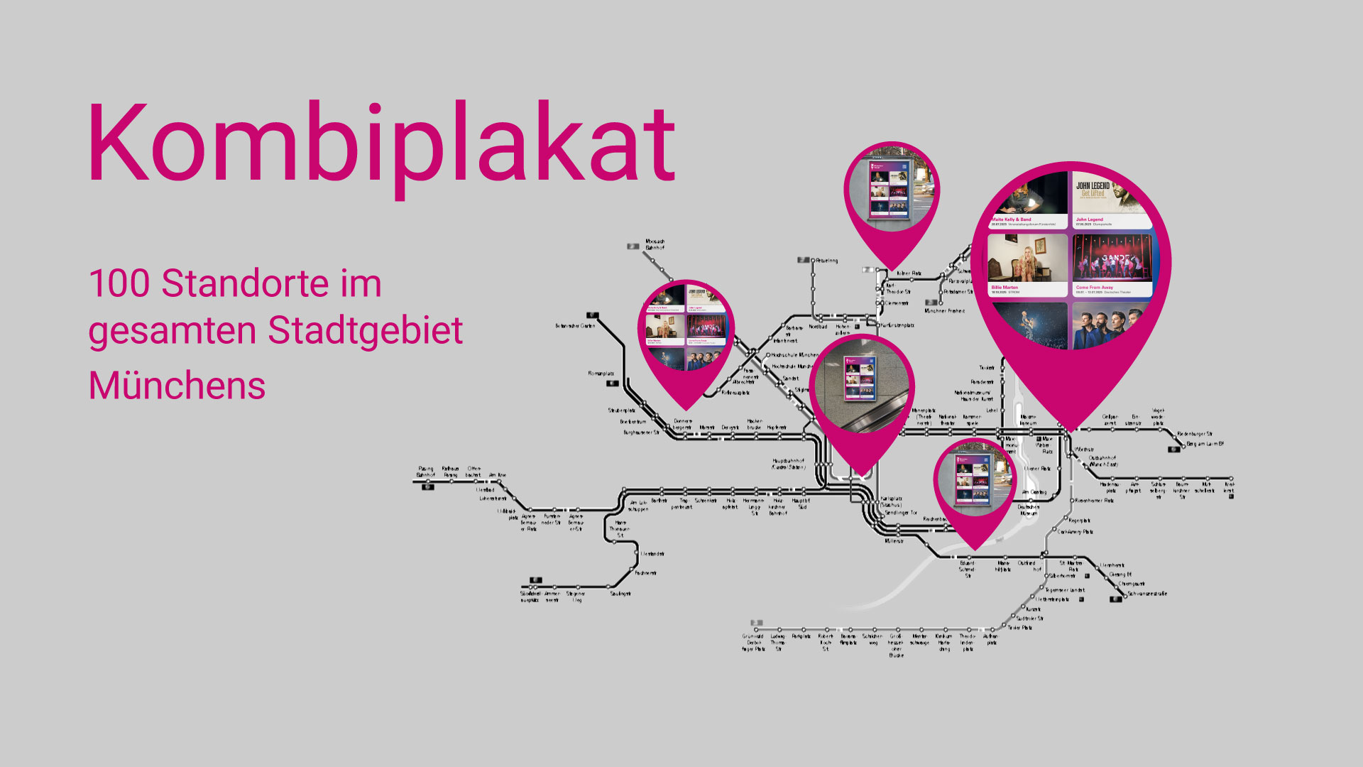 Münchner Ubahnnetz mit markierten Kombiplakat Standorten