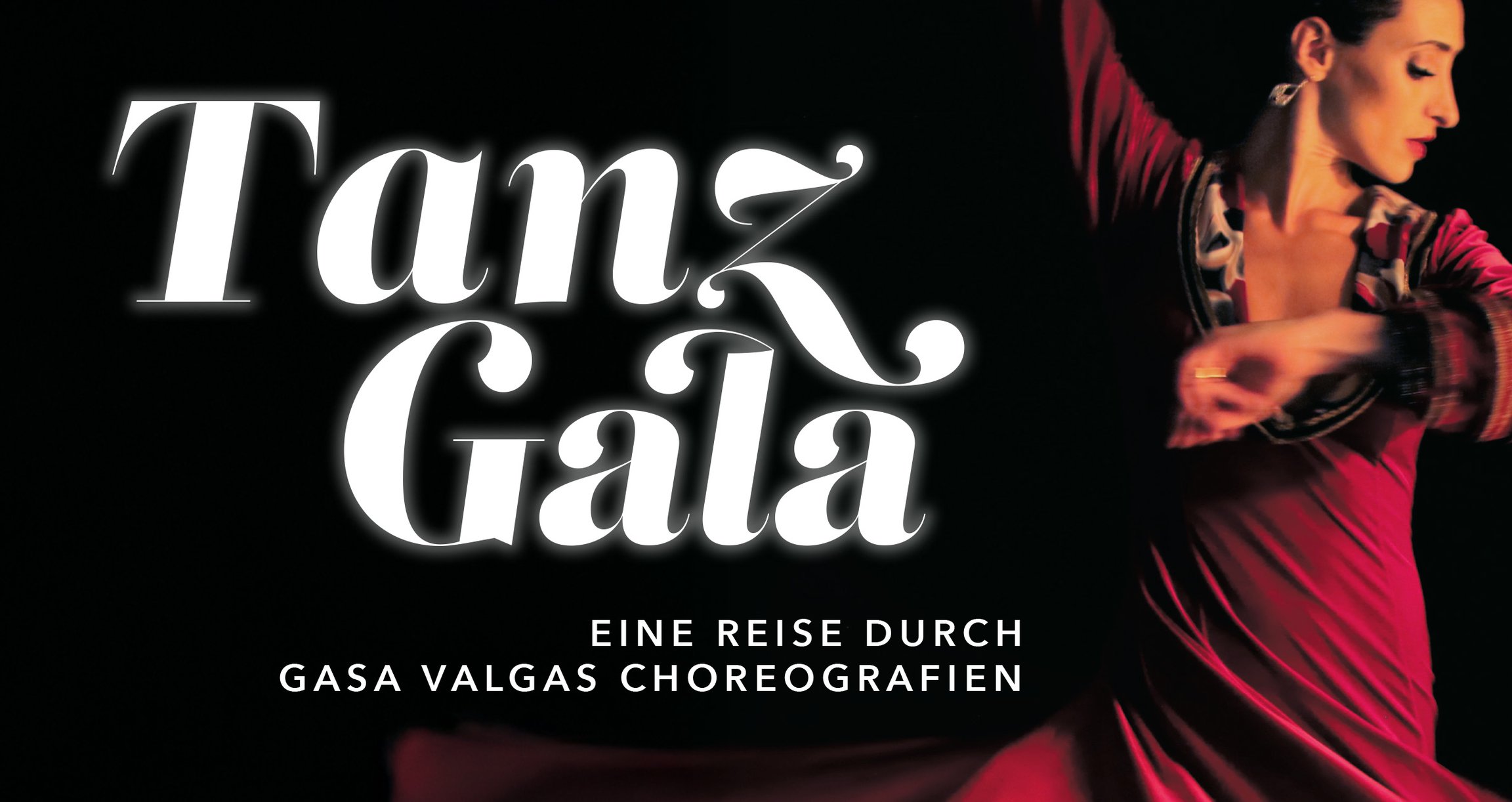 Bild mit Tänzerin in rotem Kleid mit weißer Aufschrift