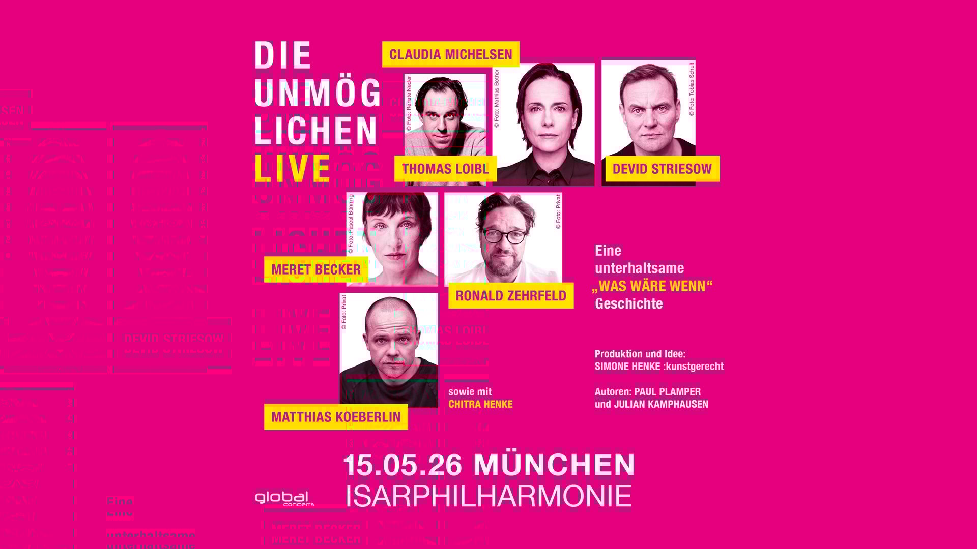 Collage mit sechs Portraits der Künstler auf pinkem Hintergrund mit Ankündigung der Lesung