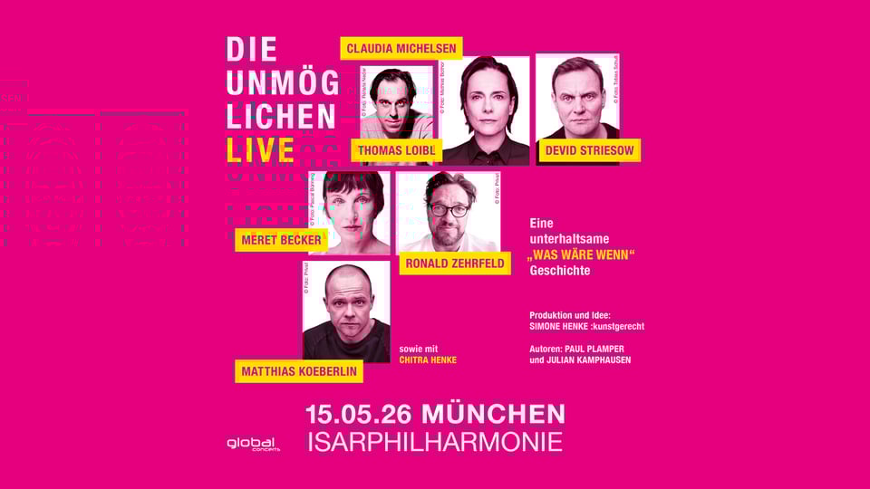 Collage mit sechs Portraits der Künstler auf pinkem Hintergrund mit Ankündigung der Lesung