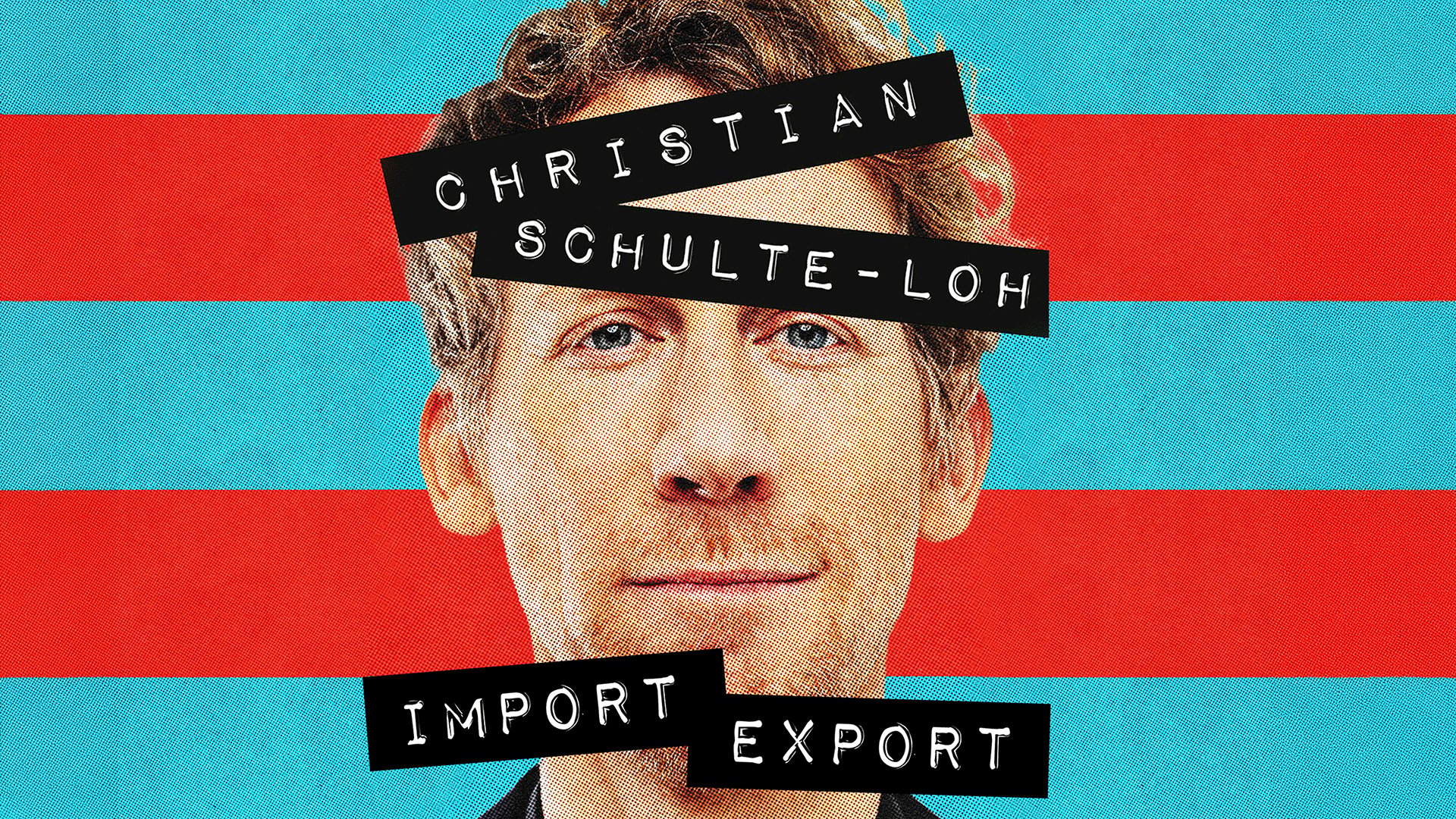 Porträt von Christian Schulte-Loh vor blau rot gestreiften Hintergrund mit den Aufschriften Christian Schulte Loh sowie Import Export auf schwarzen Textbalken