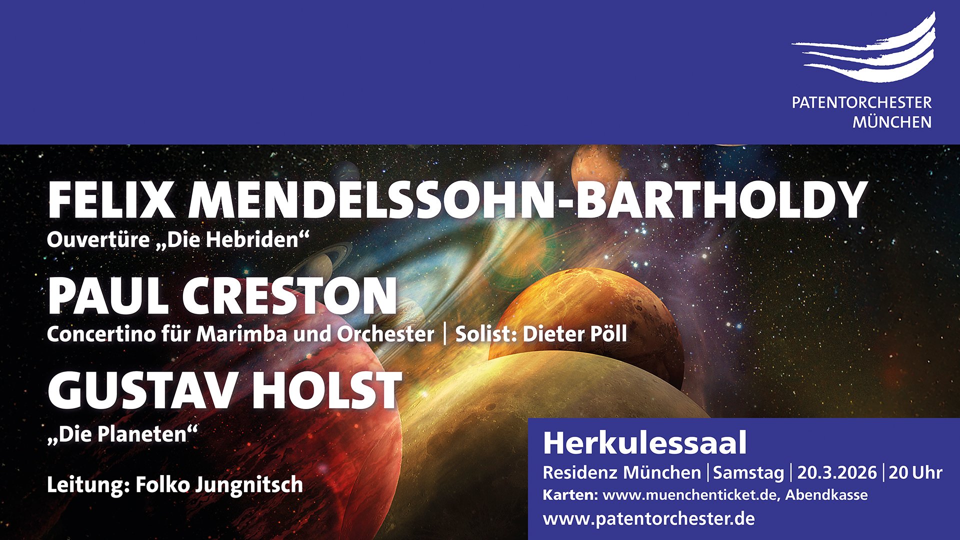 Foto für die Veranstaltung „Patentorchester München – Der Tonraum – unendliche Weiten“ mit den Namen der Künstler auf einem blauen und farbigen Hintergrund.