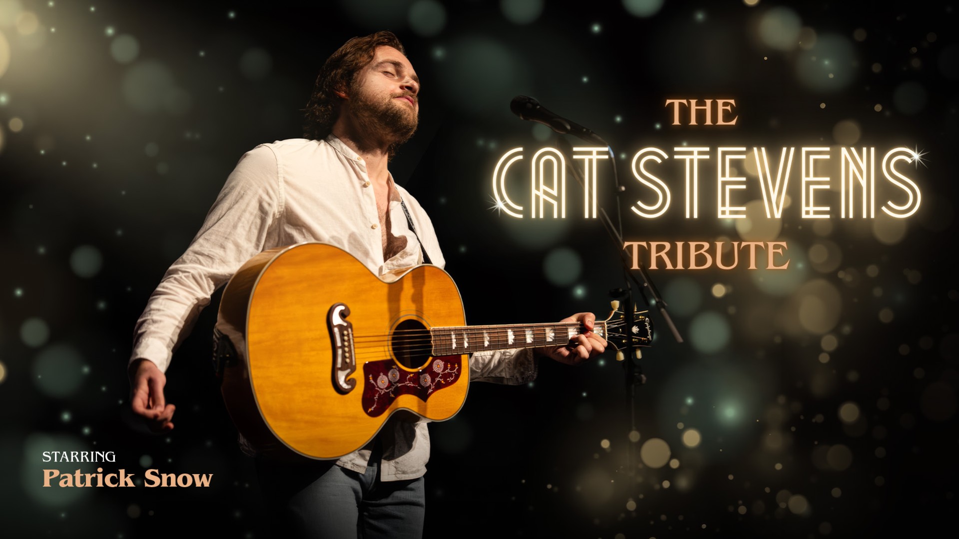 Plakat Cat Stevens Tribute mit Foto von Oatrick Snow mit Gitarre vor dunklem Hintergrund mit Spiegelungen