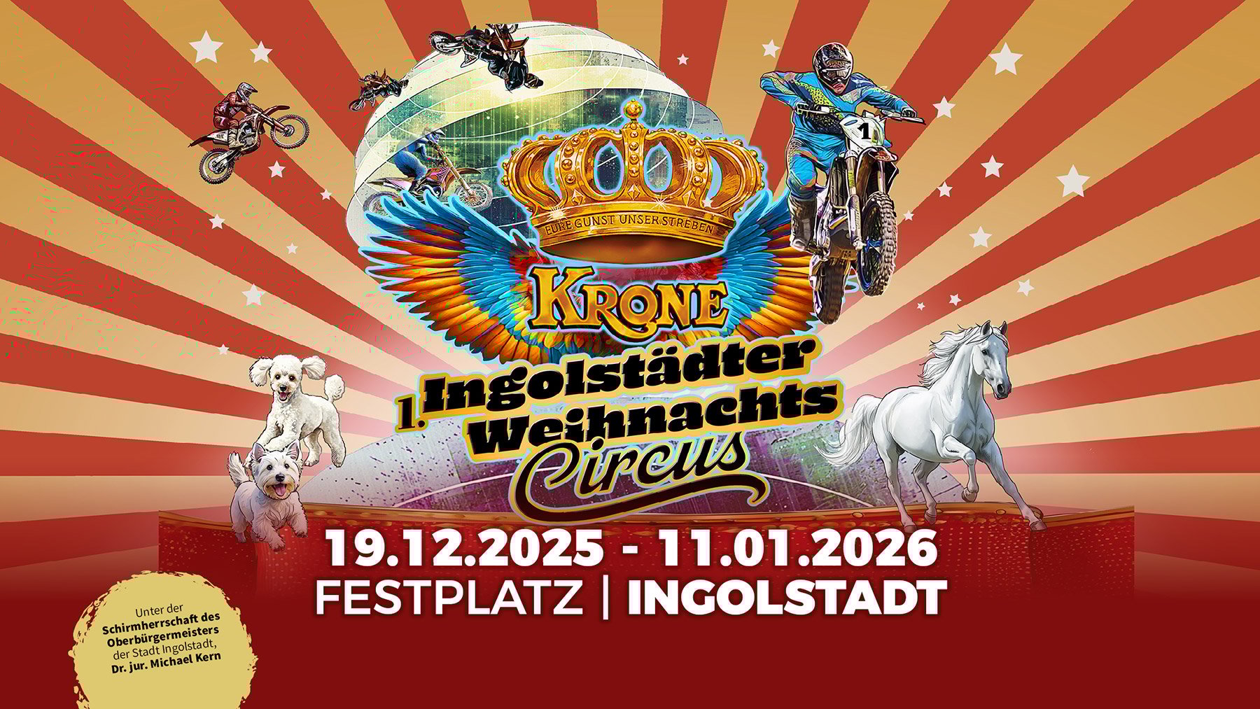 Farbenfrohes Veranstaltungsplakat des Ingolstädter Weihnachtscircus 2025–2026 mit Collage aus verschiedenen Illustrationen vor einem Hintergrund aus roten und gelben Streifen.