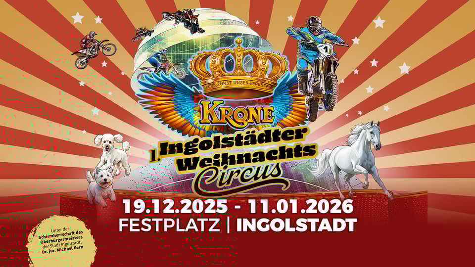Farbenfrohes Veranstaltungsplakat des Ingolstädter Weihnachtscircus 2025–2026 mit Collage aus verschiedenen Illustrationen vor einem Hintergrund aus roten und gelben Streifen.