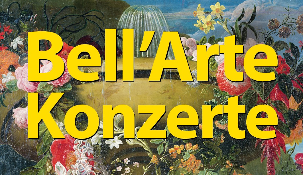 Großer gelber Schriftzug Bell’Arte Konzerte auf einem künstlerischen Hintergrund mit Blumen, Pflanzen und einem Brunnen