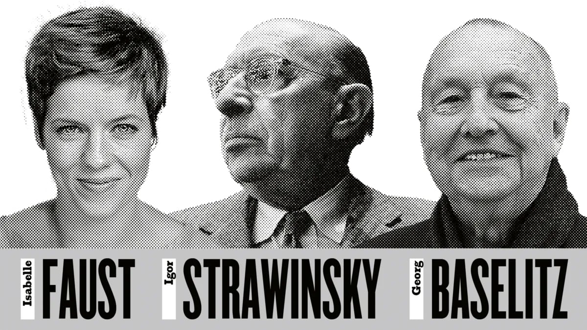 Collage von drei schwarz-weiss Portraits der Künstler Faust, Strawinsky und Bayelitz verpixelt für die Konzertreihe Musica Viva