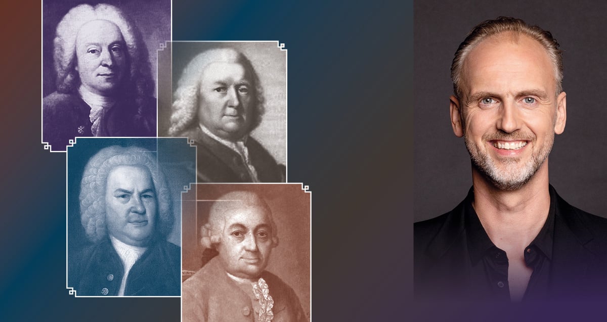 Auf der linken Seite sind Bilder von vier bekannten Komponisten und rechts daneben ist ein Mann jn einem schwarzen Hemd abgebildet
