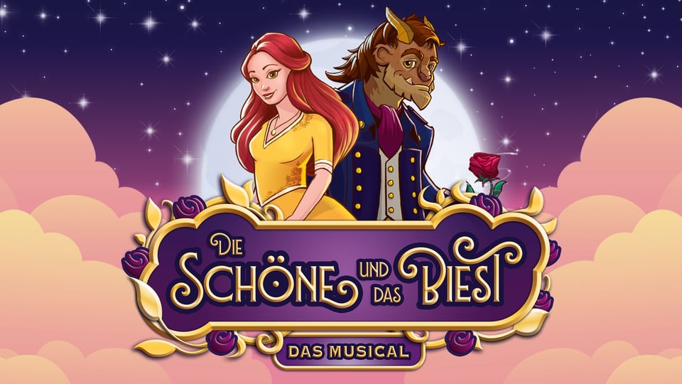 Illustration aus dem Musical Die Schöne und das Biest mit den beiden Hauptfiguren sowie Banner mit Titel der Veranstaltung