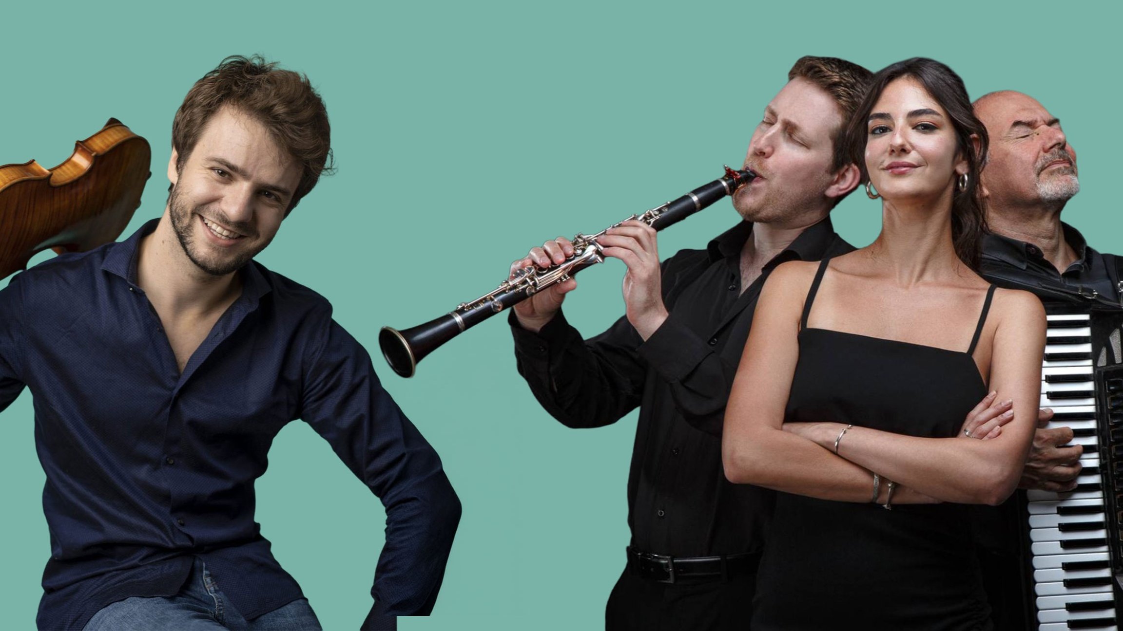 Ensemble mit Sängerin, Klarinettist, Akkordeonspieler und Geiger vor grünem Hintergrund, präsentiert ein vielseitiges Konzert mit Chanson, Jazz, Klassik und Folk im Silbersaal.