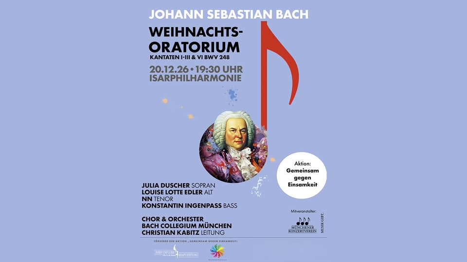 Plakat im modernen Design mit blauem Hintergrund und rotem grafischen Element, oben der Titel „Johann Sebastian Bach Weihnachtsoratorium“, darunter Datum 20.12.2026, 19:30 Uhr, Isarphilharmonie München, mittig ein Porträt von Bach und unten Angaben zu Solisten sowie Chor und Orchester Bach Collegium München.