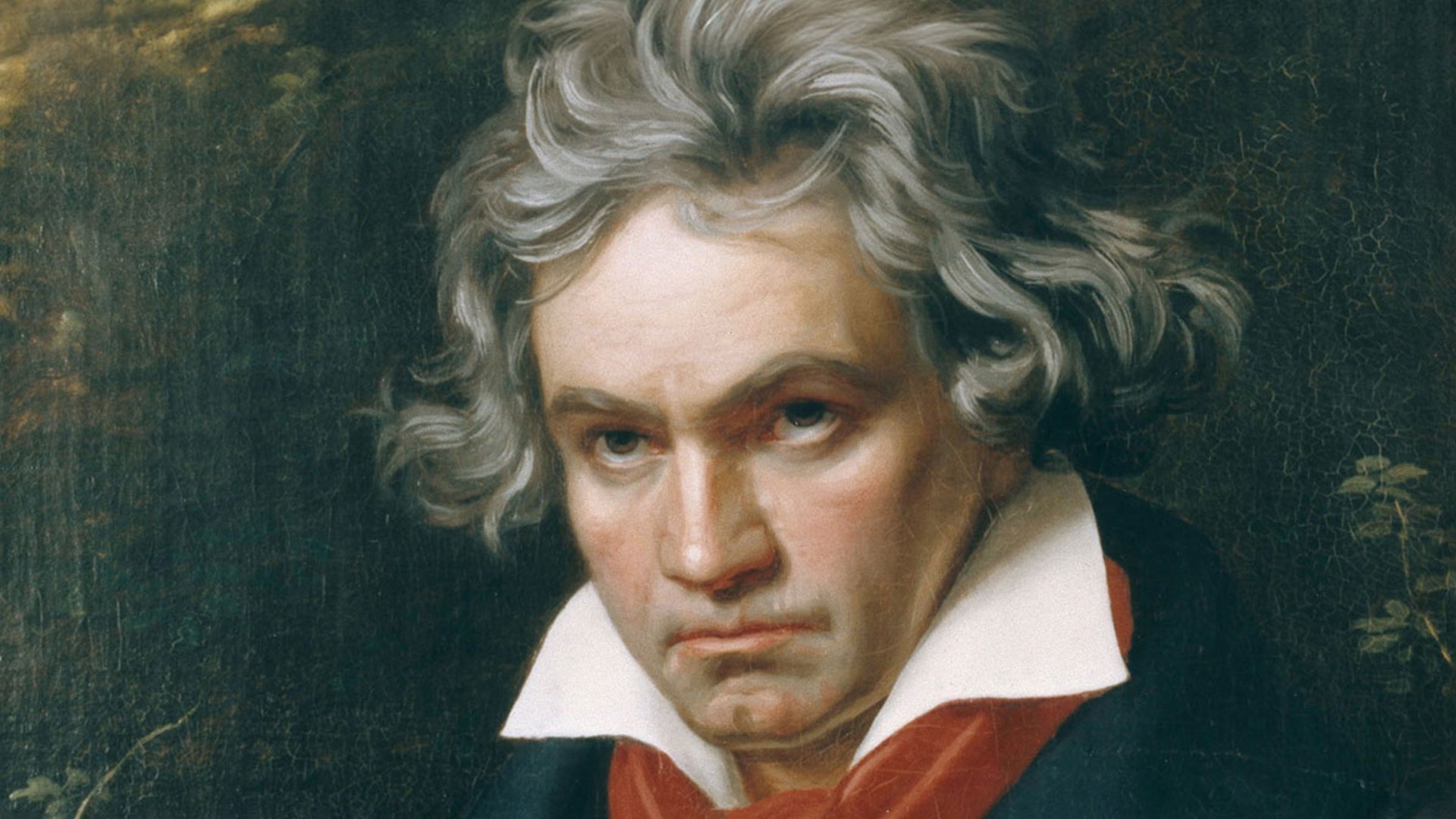 Klassisches Porträtgemälde von Ludwig van Beethoven mit weißem Haar und rotem Halstuch vor dunklem Hintergrund, in halbnaher Ansicht dargestellt.