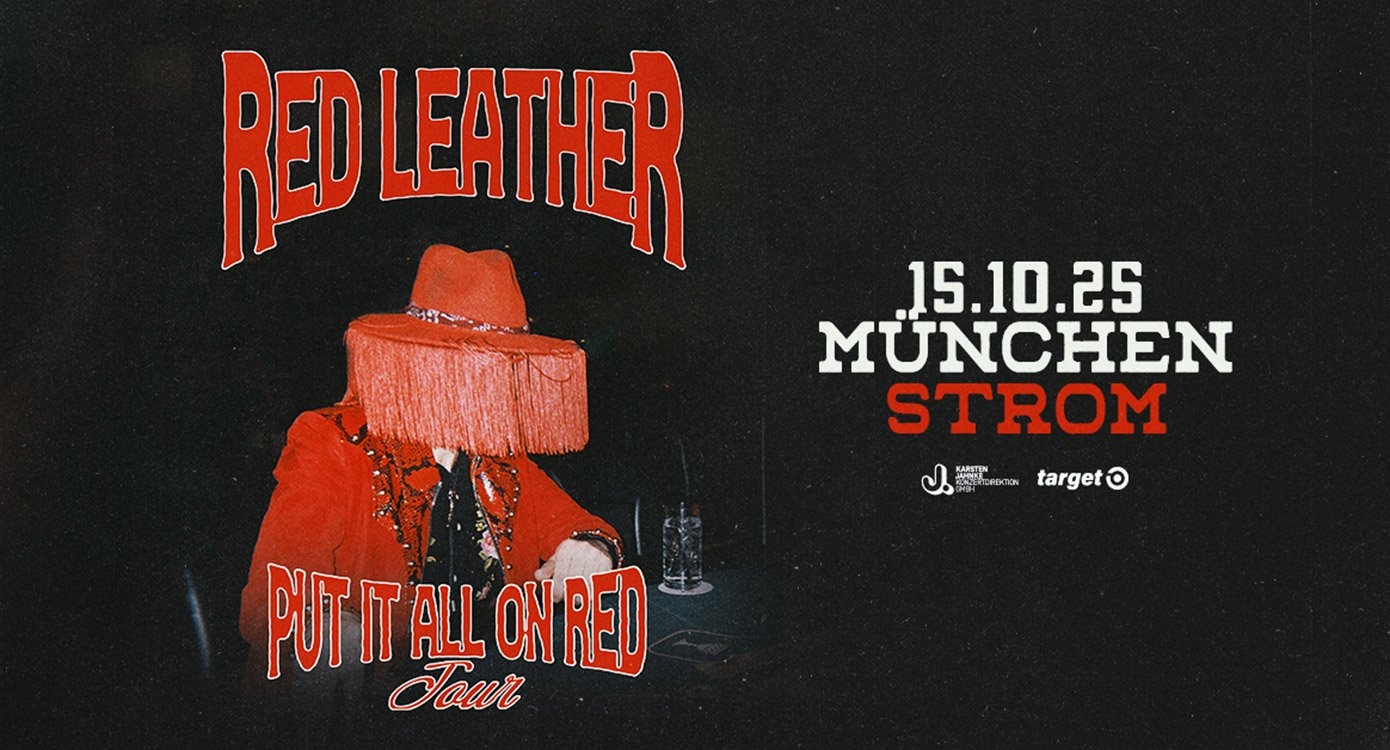 Grafik in schwarz rot mit Aufschrift und Mann mit rotem Hut und Fransen 
