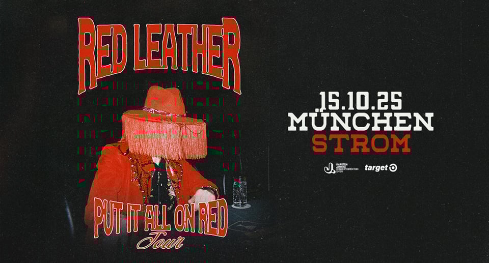 Grafik in schwarz rot mit Aufschrift und Mann mit rotem Hut und Fransen 