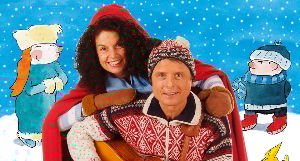 Bild eines Mannes und einer Frau in weihnachtlicher Kleidung mit einer verschneiten Illustration im Hintergrund