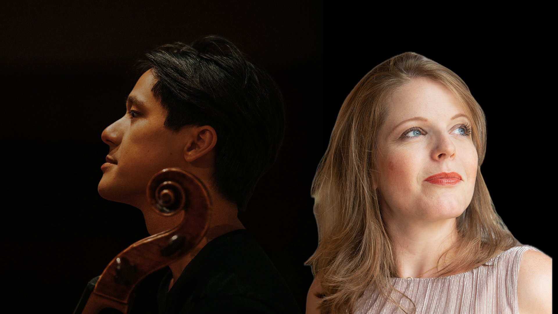 Zwei Musikerinnen im Porträt: links eine Cellistin im Profil mit ihrem Instrument, rechts eine Sängerin im Abendkleid, beide vor dunklem Hintergrund.