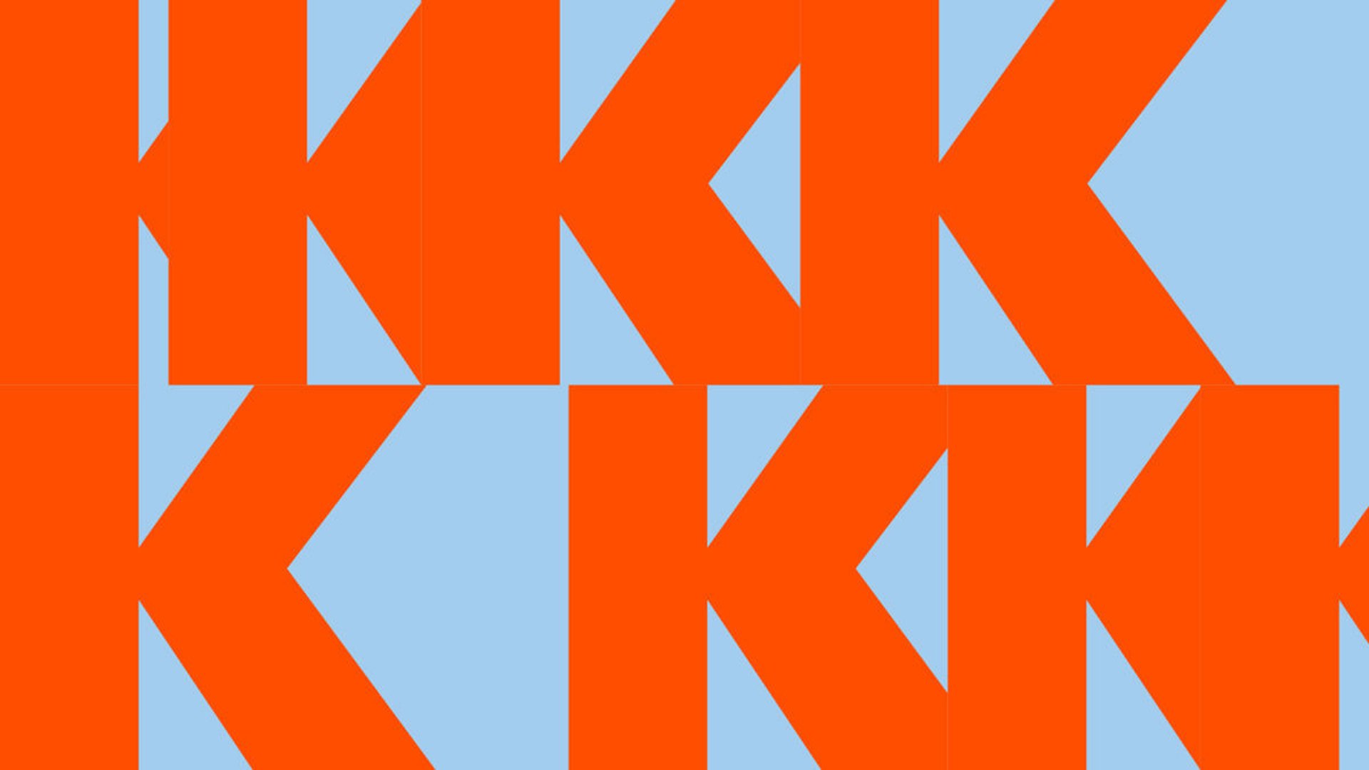 Das Bild zeigt eine grafische Darstellung des Buchstabens "K" in leuchtendem Orange auf hellblauem Hintergrund, wiederholt in einem Muster. Der Text im Bild lautet einfach "KKK".