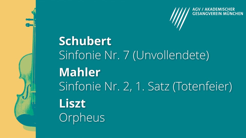 Plakat für das Event ‚Sinfoniekonzert des Akademischen Gesangvereins München e.V.‘ mit dem Programm auf grünem Hintergrund und links ein Instrument auf gelbem Hintergrund.