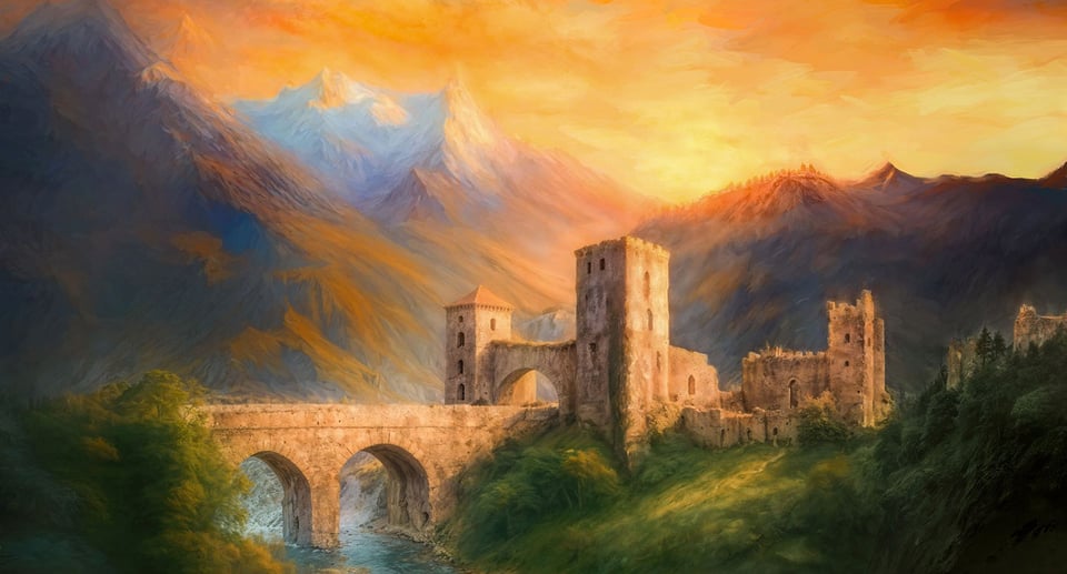 Ein Foto von einer Landschaft mit einem gemalten Schloss