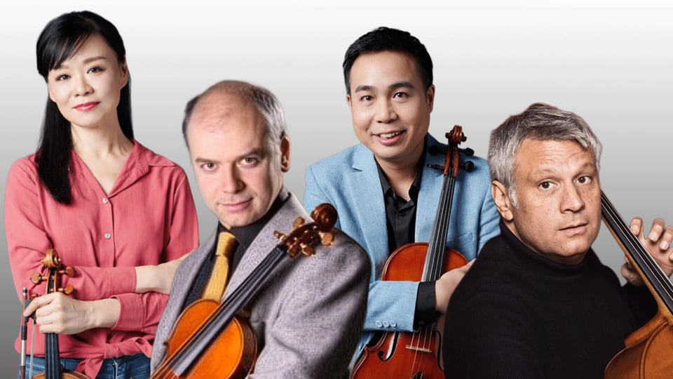 Gruppenporträt von vier Streichmusikerinnen und Streichmusikern vor hellem Hintergrund. Die Personen halten Violine, Viola und Violoncello und sind in versetzter Anordnung zur Kamera ausgerichtet.