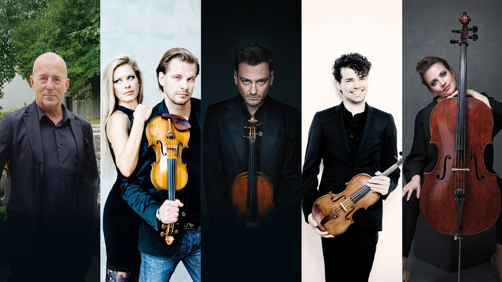 Collage mit mehreren Porträts von Musikerinnen und Musikern in formeller schwarzer Kleidung, einige mit Violine und Cello, vor unterschiedlich hellen Hintergründen arranged.