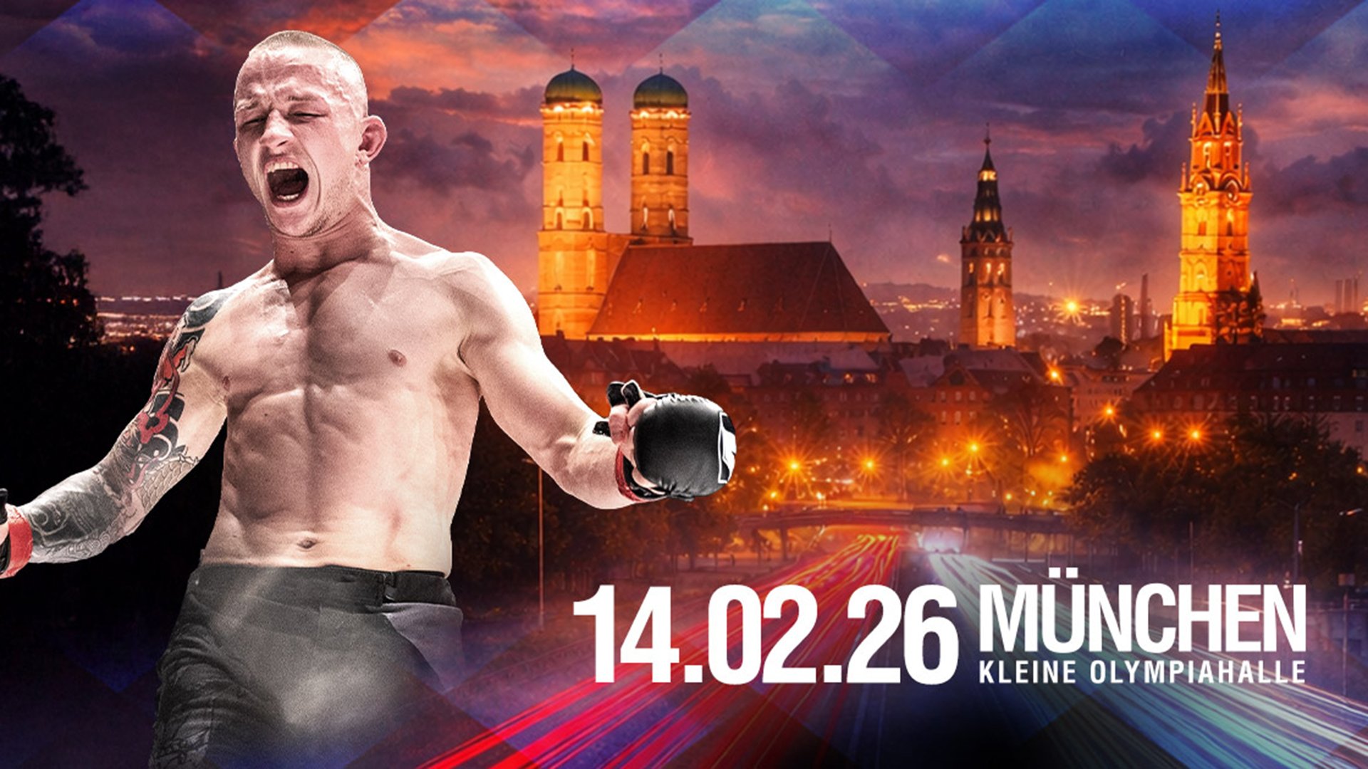 Foto für die Veranstaltung ‚We love MMA 85‘ mit einem Boxer, der Stadt München im Hintergrund und einer weißen Typografie.