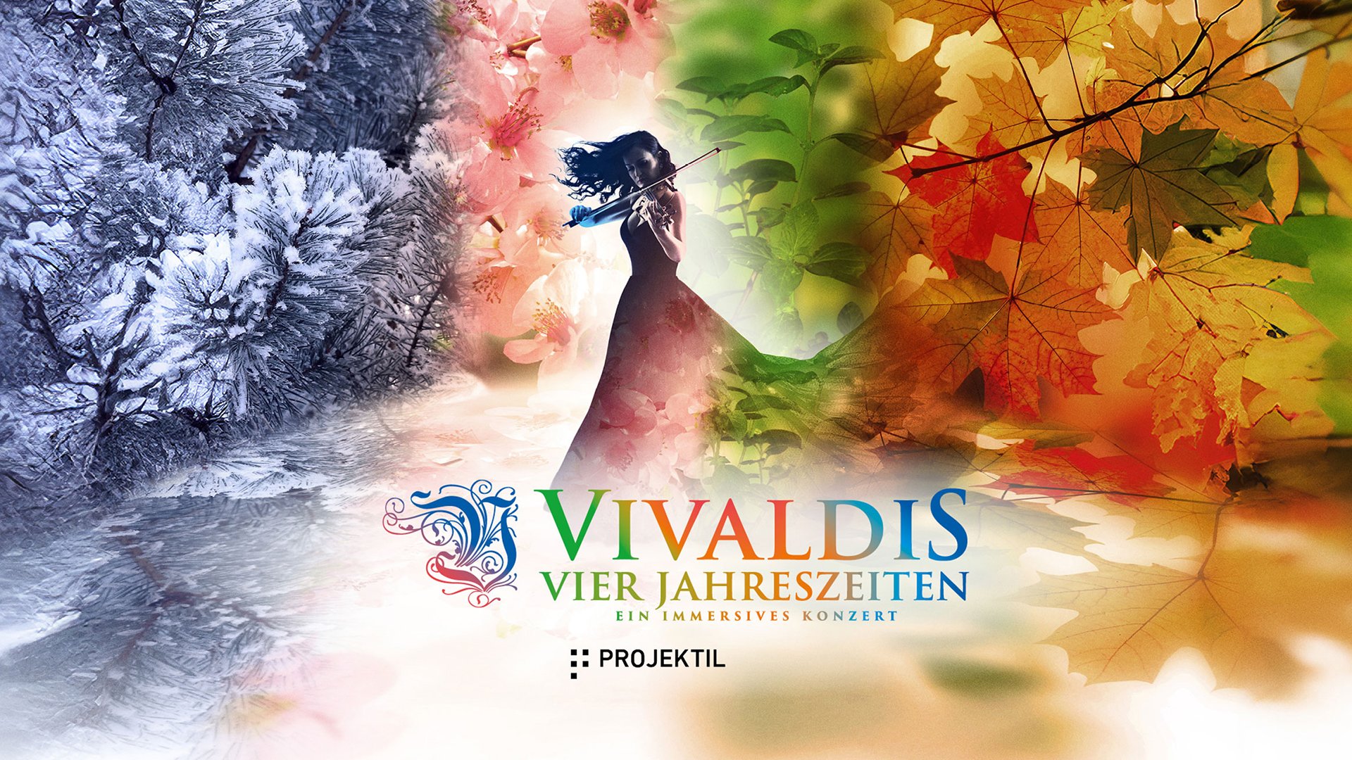Vivaldis Vier Jahreszeiten – immersives Konzert: Violine-Spiel vor Motiven der vier Jahreszeiten mit Titel im Vordergrund