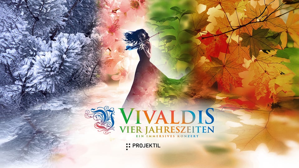 Vivaldis Vier Jahreszeiten – immersives Konzert: Violine-Spiel vor Motiven der vier Jahreszeiten mit Titel im Vordergrund