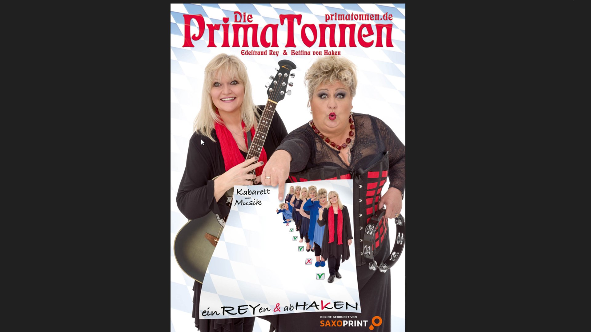 Plakat für die Veranstaltung Kleinkunsttage – PrimaTonnen – EinREYen & abHAKEN mit den beiden Künstlerinnen und Instrumenten