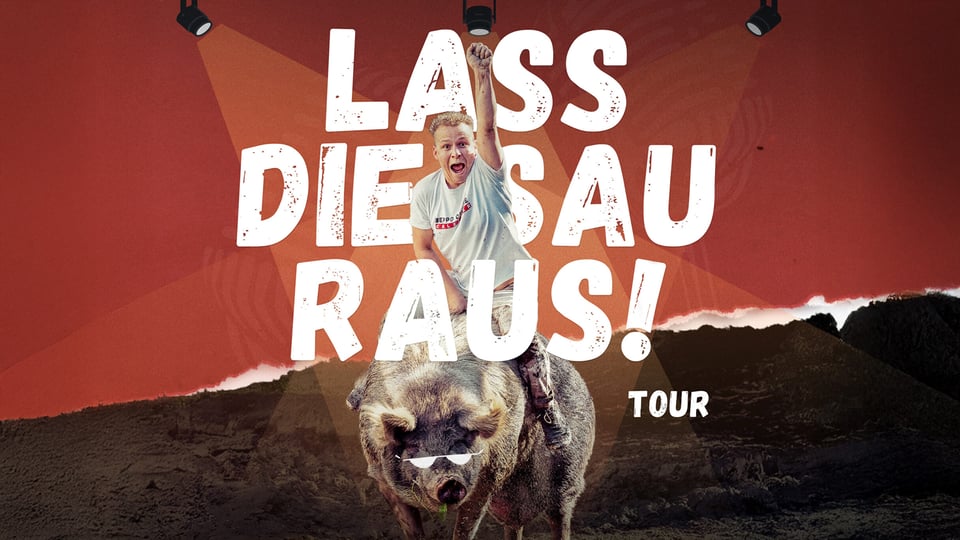 Plakat für die Veranstaltung „Die CALZINGER Show!“ mit dem Künstler, der auf einem Schwein mit Brille reitet, und weißer Typografie