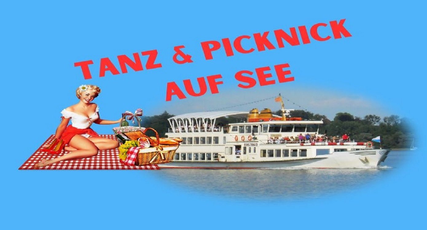 Blaues Plakat mit Grafik eines Schiffes und einer Dame auf einer Picknickdecke