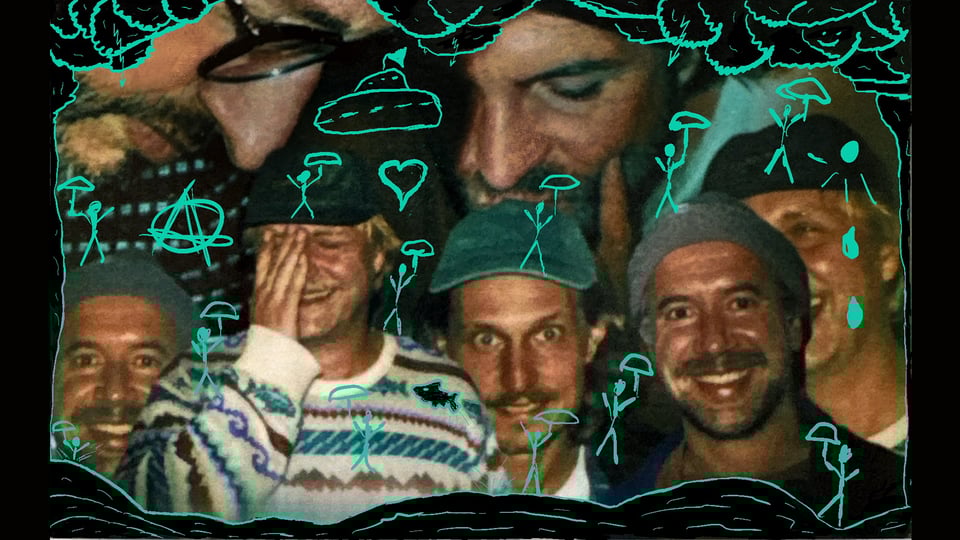 Collage aus mehreren Portraits der Bandmitglieder mit Zeichnungen und Strichmännchen in blau