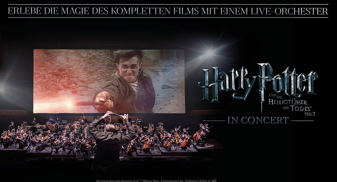 Plakat mit Orchester im Hintergrund und Harry Potter Leinwand mit Aufschrift