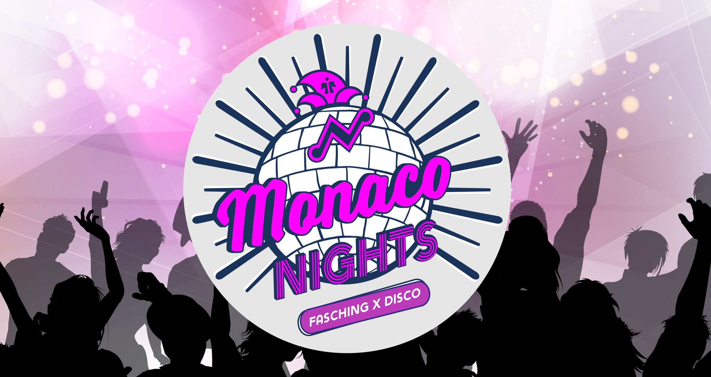 Das Plakat für das Event ‚Monaco Nights‘ – mit dem Logo in der Mitte und im Hintergrund eine Illustration von tanzenden Menschen mit Lichtern in Lilatönen.