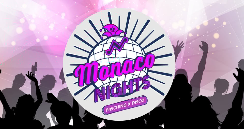 Das Plakat für das Event ‚Monaco Nights‘ – mit dem Logo in der Mitte und im Hintergrund eine Illustration von tanzenden Menschen mit Lichtern in Lilatönen.