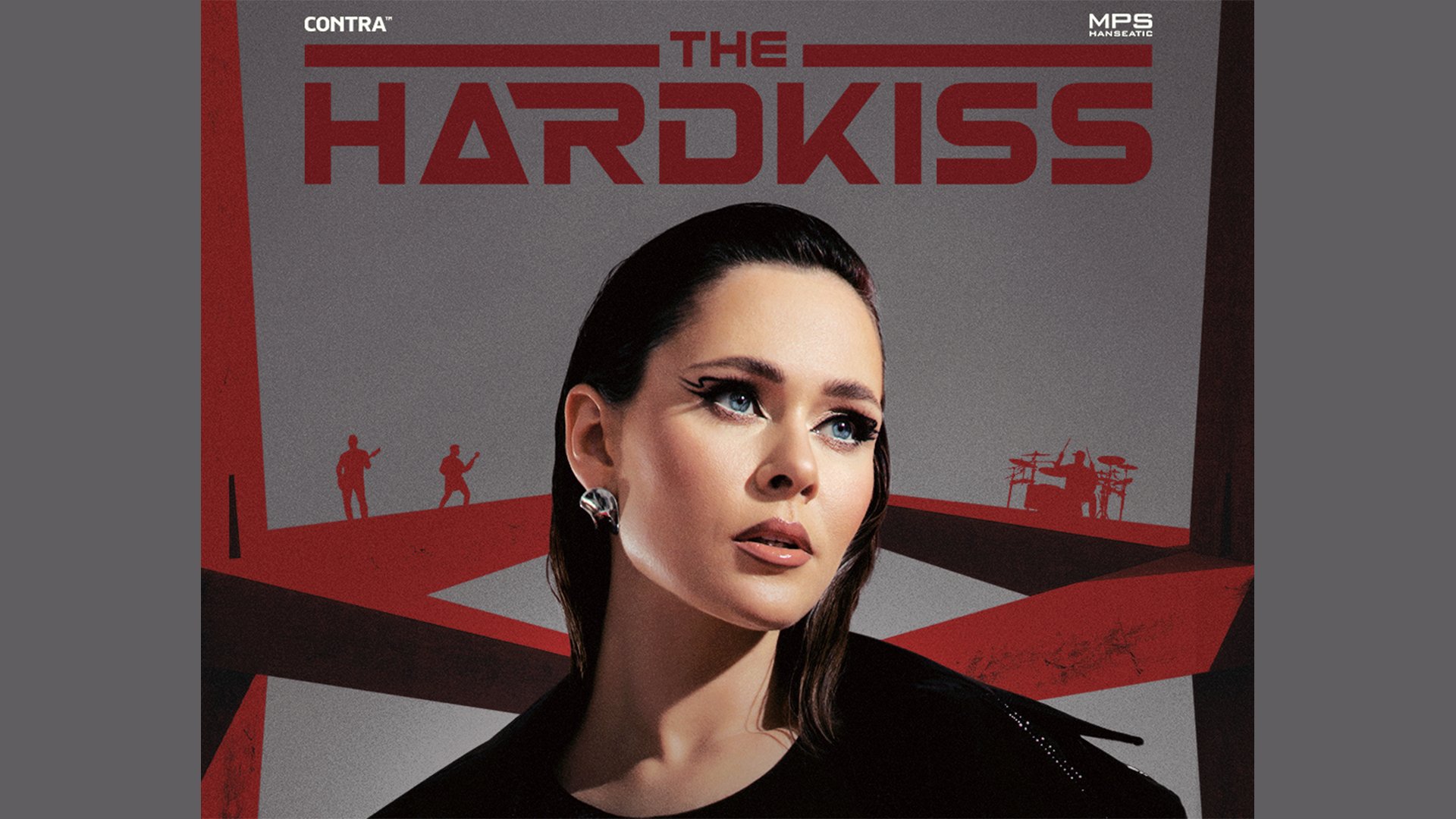 Grafik mit BAndname und Bild einer dunkelhaarigen Frau