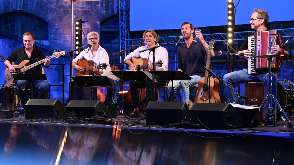 Bühnenfoto zur Konzertveranstaltung „Austria 4+“: Mehrere Musiker sitzen auf einer beleuchteten Open‑Air‑Bühne und spielen akustische Gitarren, E‑Bass und Akkordeon. Vor ihnen stehen Mikrofone und Notenständer. Die Aufführung findet vor historischer Architektur statt, mit blauer Bühnenbeleuchtung und sichtbarer Ton‑ und Lichttechnik im Hintergrund. Das Motiv zeigt eine Live‑Konzertatmosphäre mit Austropop‑ und Singer‑Songwriter‑Charakter.