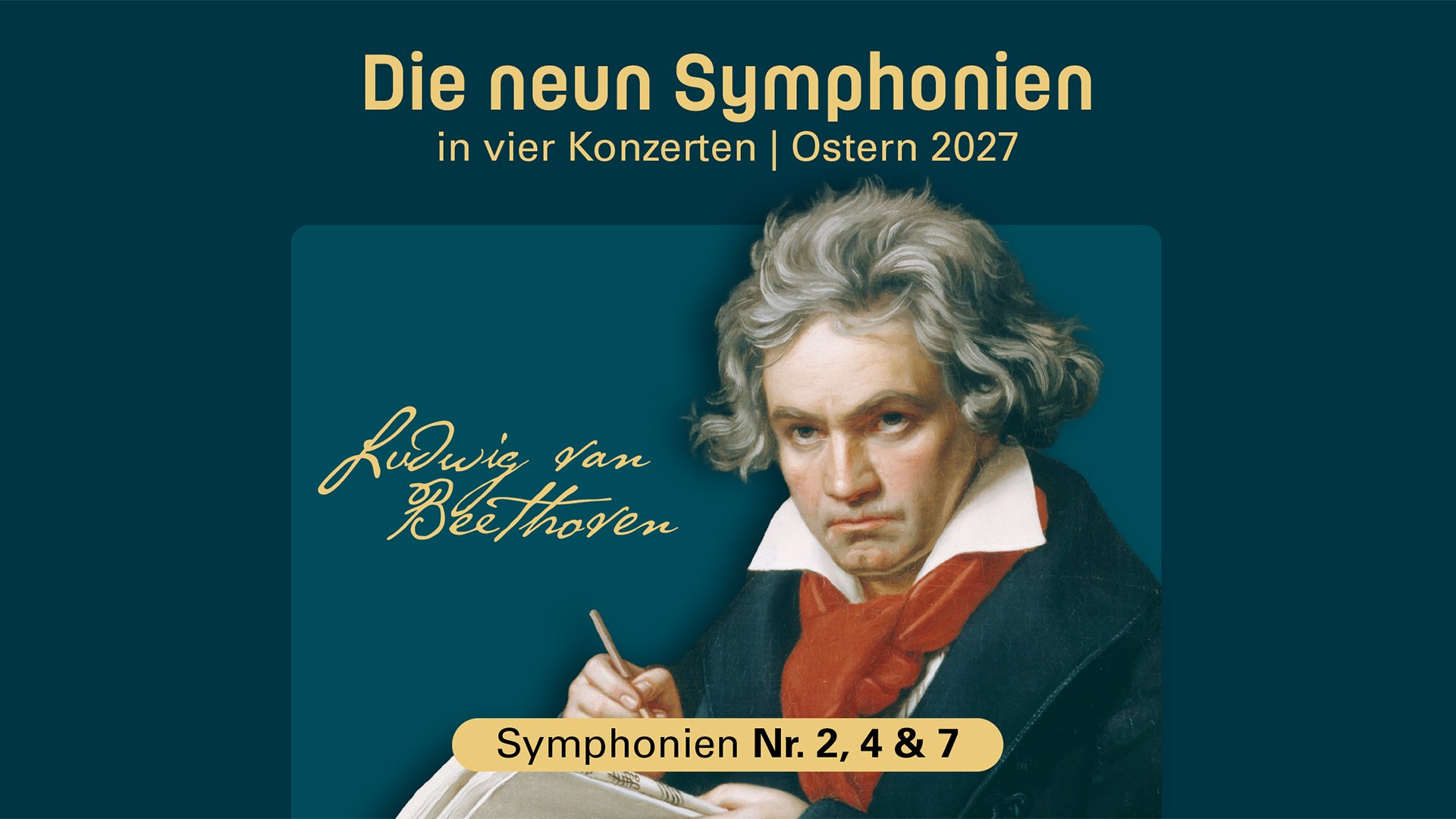 Eventgrafik zu „Die neun Symphonien – in vier Konzerten | Ostern 2027“: Dunkelblauer Hintergrund mit goldener Überschrift. Rechts ein klassisches Gemälde einer Person in historischer Kleidung, die mit Feder schreibt; links eine handschriftliche Signatur „Ludwig van Beethoven“. Unten ein hervorgehobenes Label „Symphonien Nr. 2, 4 & 7“. Klare, kontrastreiche Gestaltung als Motiv für eine klassische Konzertreihe.