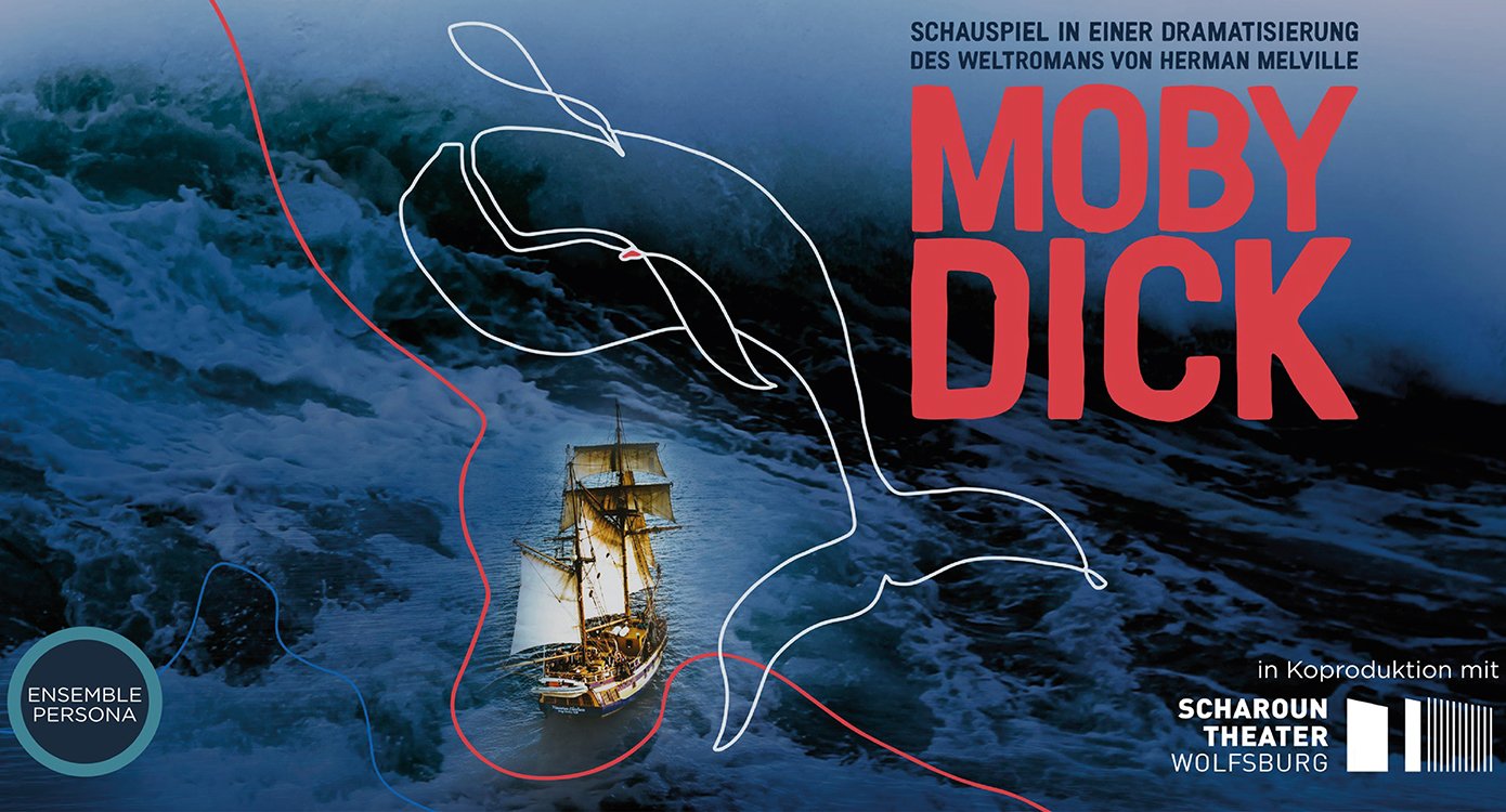 Plakat der Veranstaltung mit einem Hintergrundfoto eines Schiffes auf See. Mit einer roten Typografie auf der rechten Seite. Und einige weiße und rote Linien, die die Silhouette eines Wals zeichnen.