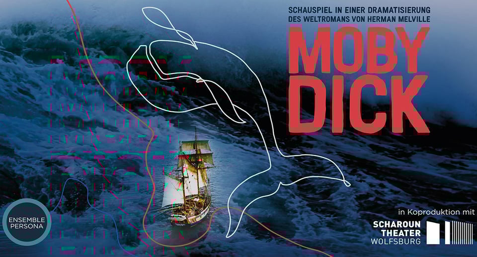 Plakat der Veranstaltung mit einem Hintergrundfoto eines Schiffes auf See. Mit einer roten Typografie auf der rechten Seite. Und einige weiße und rote Linien, die die Silhouette eines Wals zeichnen.